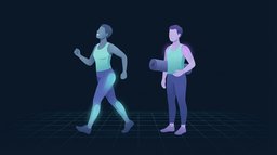 Two adults on a park path, one power-walking with the calves glowing and one carrying a yoga mat, showing daily movement versus daily heavy lifting