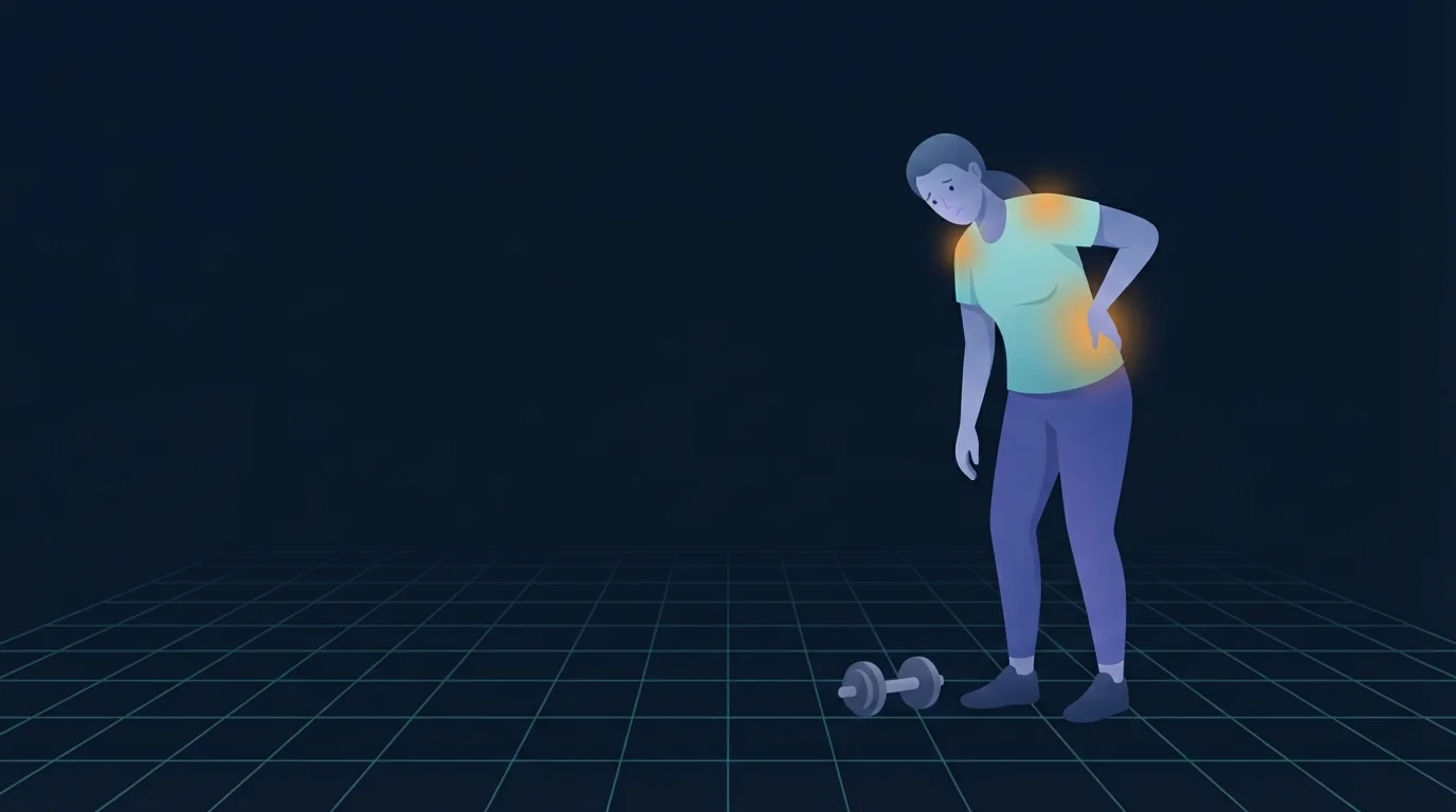 Illustration of a fatigued adult standing with slumped shoulders and one hand pressed to the lower back, the lower back and shoulders glowing warm amber, a dumbbell left untouched on the floor beside them