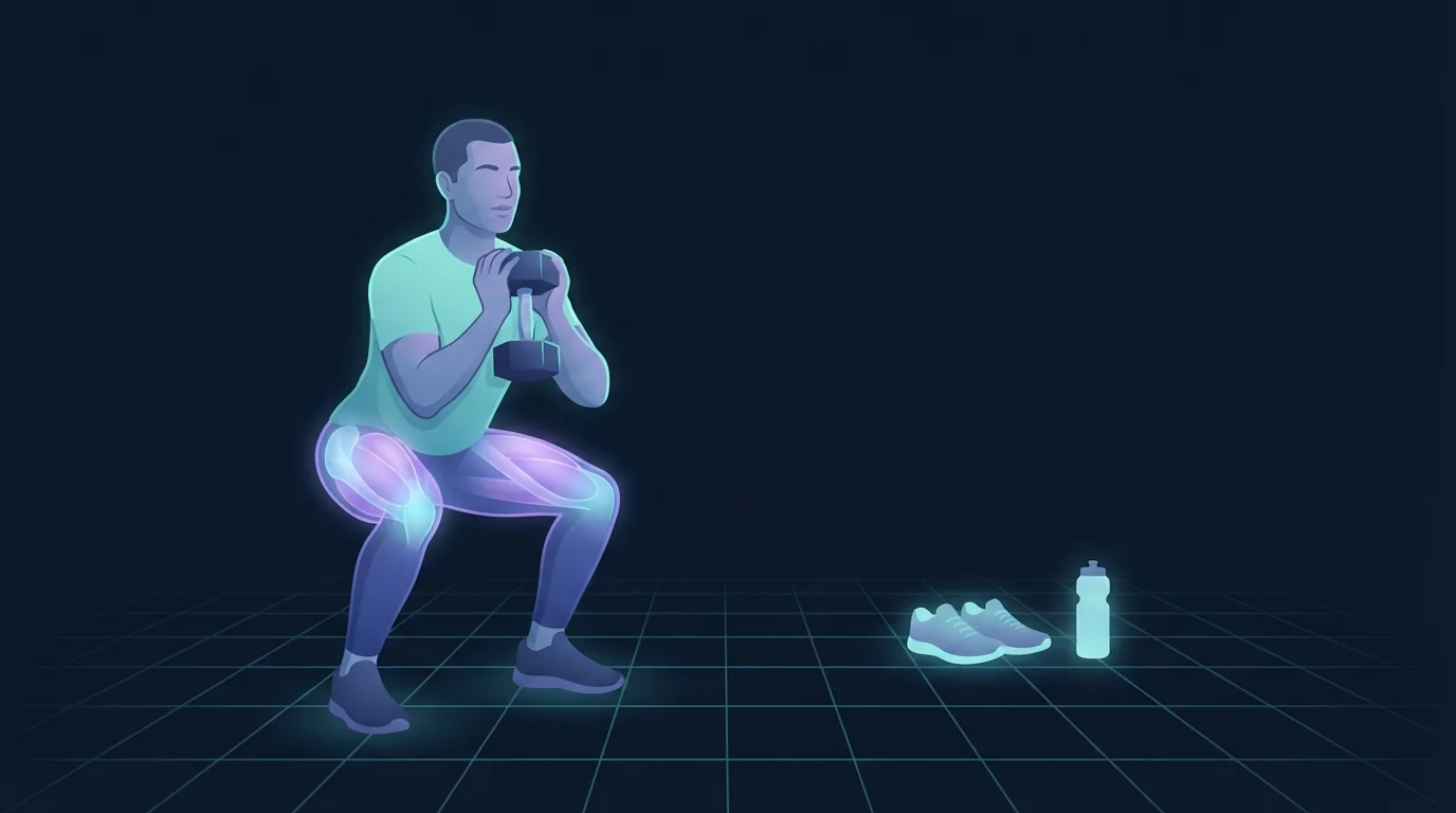 Illustration of an adult performing a dumbbell goblet squat with the quadriceps and glutes glowing, with running shoes and a water bottle waiting on the floor behind them for a second easier session later the same day