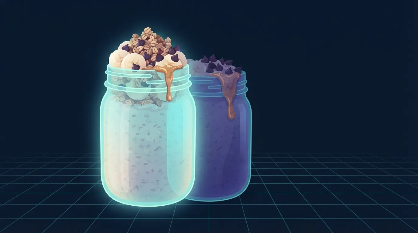 A large glass jar of overnight oats piled high with banana slices, a mound of granola, chocolate chips and a swirl of nut butter, softly glowing in warm cyan