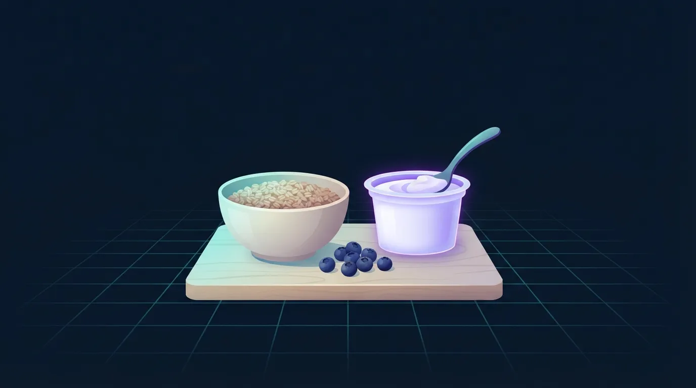 A small bowl of plain steel-cut oats beside a scoop of Greek yogurt and a small handful of blueberries on a wooden board, the yogurt softly glowing violet