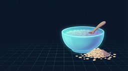 A single ceramic bowl of plain steamed oatmeal on a wooden countertop with a small pile of oats beside it, the bowl softly glowing