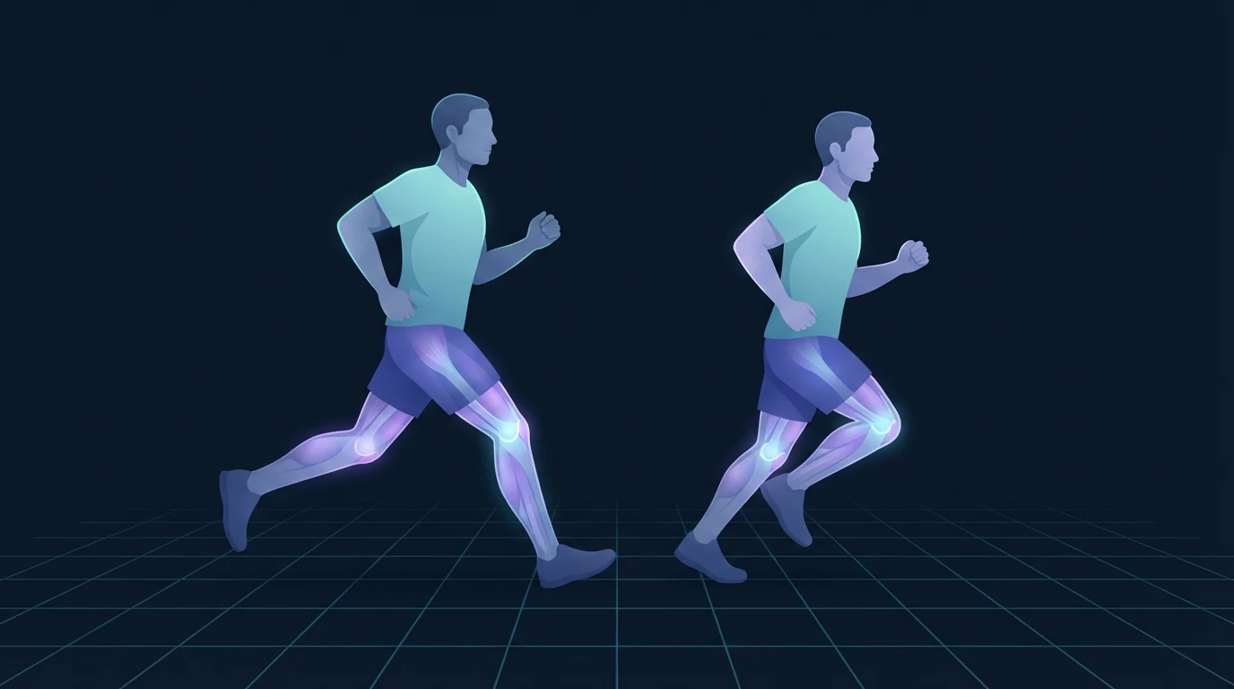 Illustration comparing two runners side by side, one overstriding with a straight front leg and one taking a shorter quicker step, with the knee glowing on both