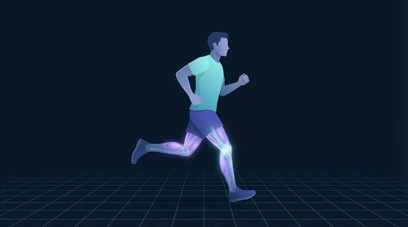 Illustration of a runner mid-stride on a dark navy grid with the knee joint and surrounding quadriceps glowing, showing how running loads the knee