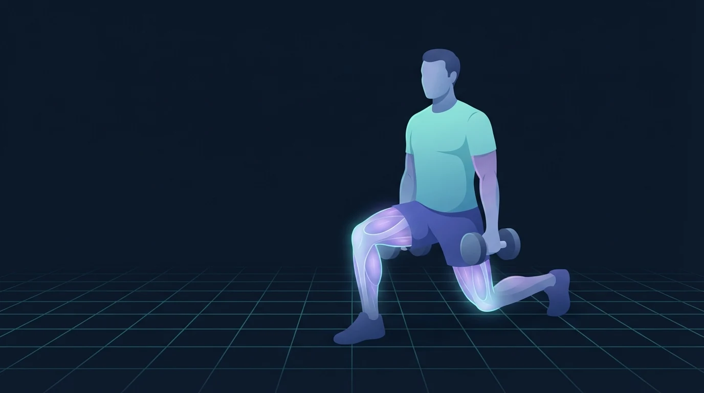 Illustration of an adult performing a split squat holding a dumbbell with the quadriceps, glutes and calves glowing, showing the muscles that protect a runner's knee