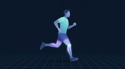 Illustration of a runner mid-stride on a dark navy grid with the knee joint and surrounding quadriceps glowing, showing how running loads the knee
