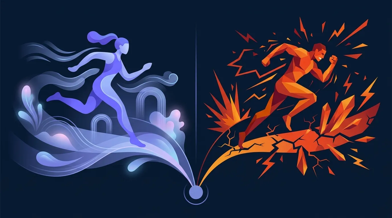 Conceptual illustration contrasting easy daily running with hard daily running, showing two divergent paths of effort distribution