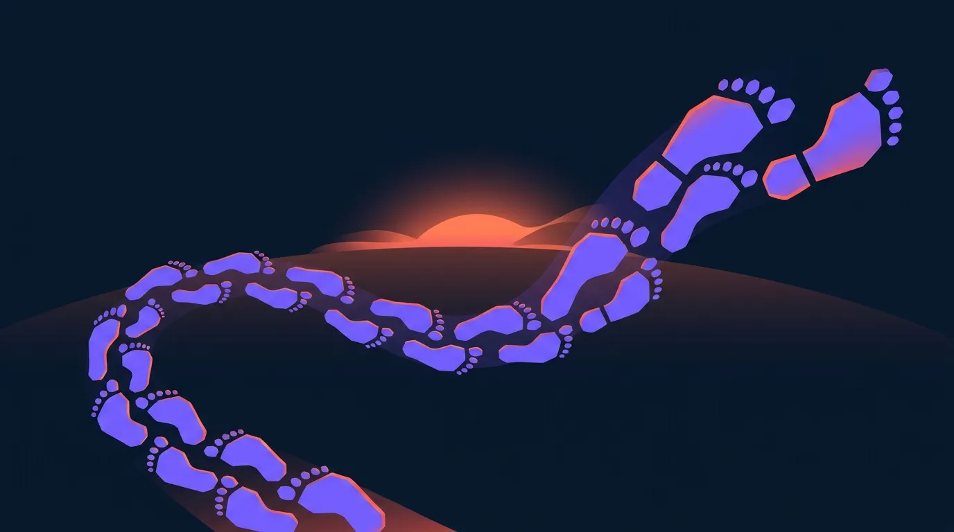 Conceptual illustration of a daily running routine, showing a winding path of footsteps representing a long streak of consistent runs