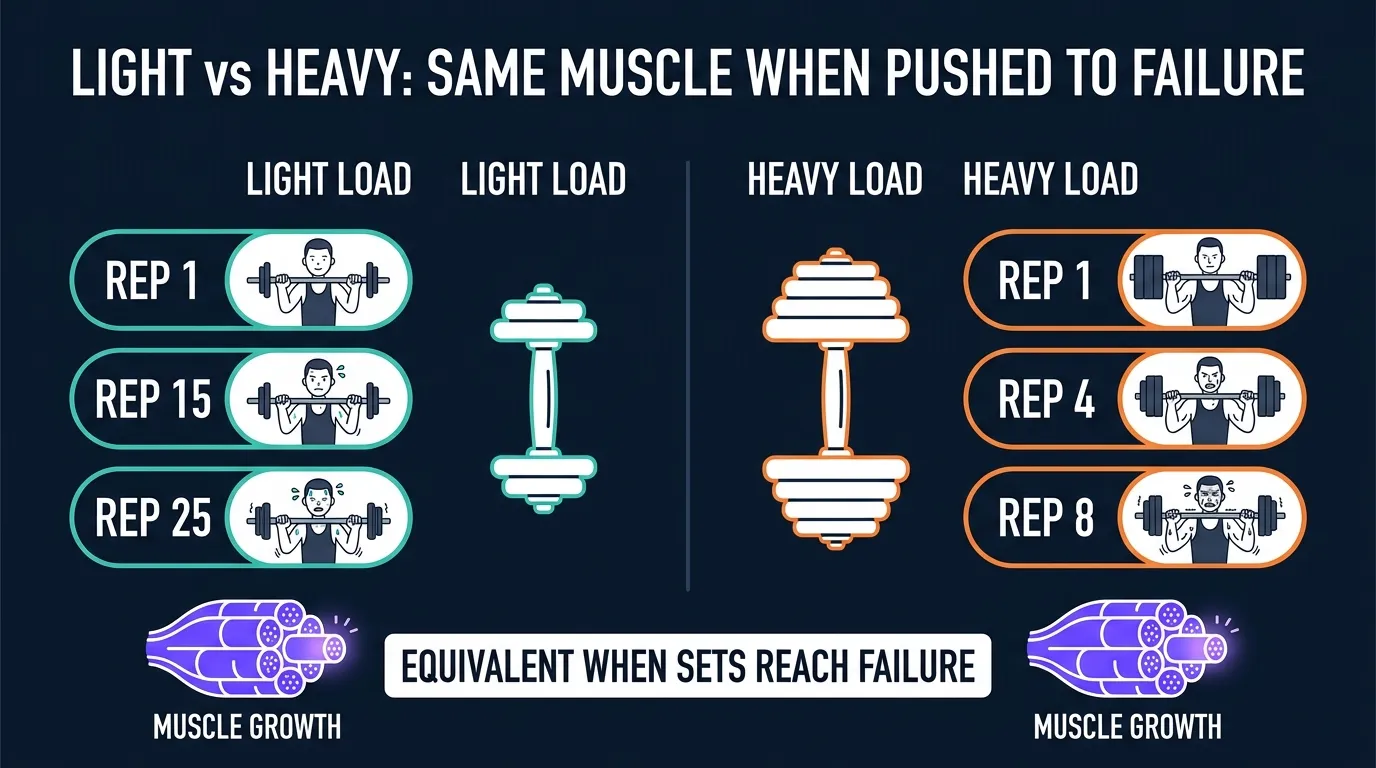 Conceptual illustration comparing light-load high-rep training to heavy-load low-rep training showing equivalent muscle growth when both reach failure