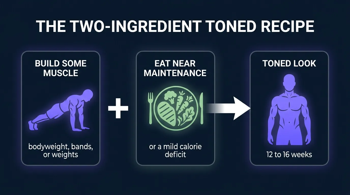 Conceptual illustration showing the two-ingredient recipe for a toned look, combining resistance training (bodyweight, bands, or weights) with eating near maintenance or a mild deficit, over 12 to 16 weeks