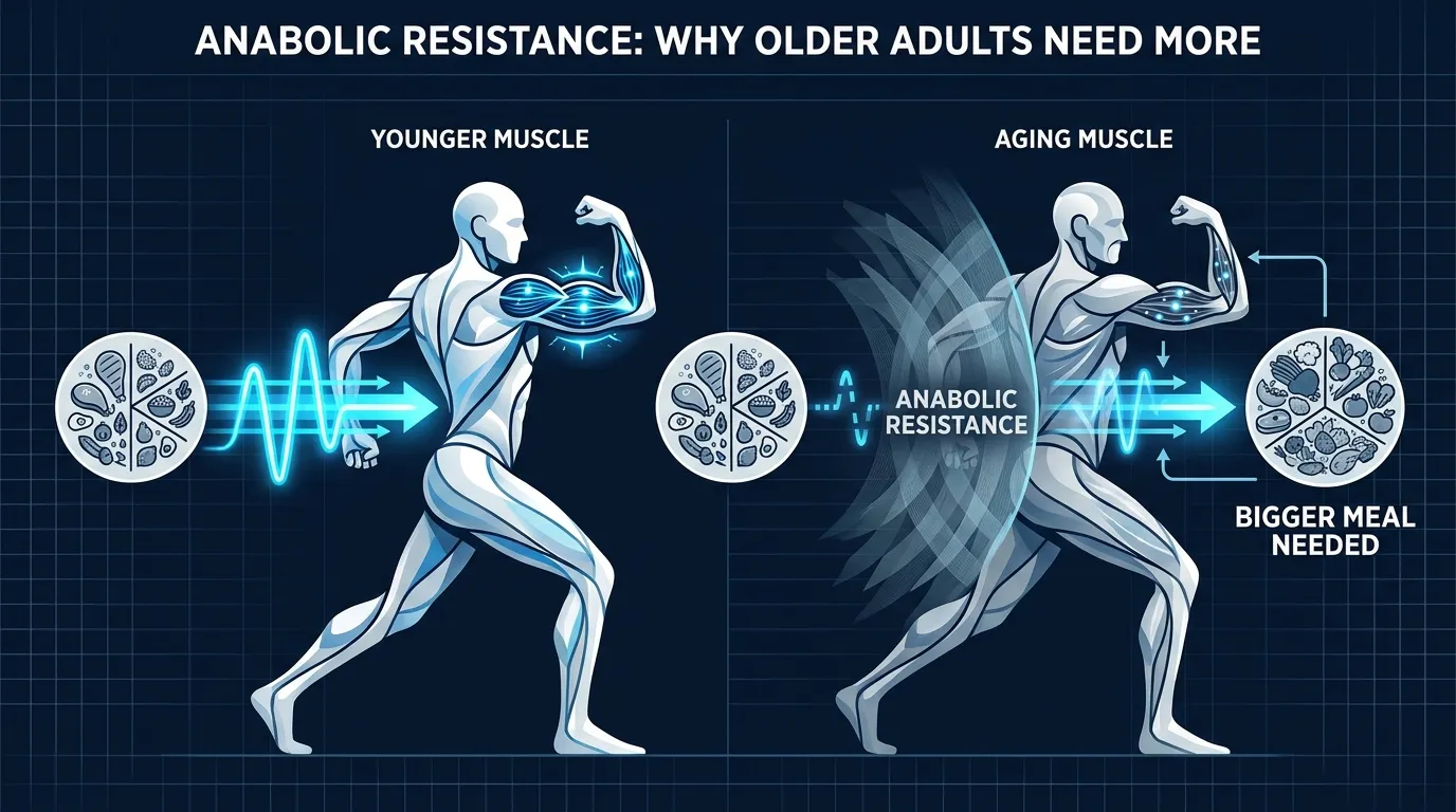 Editorial illustration showing aging muscle requiring a larger leucine signal to activate muscle protein synthesis compared to younger muscle, illustrating anabolic resistance