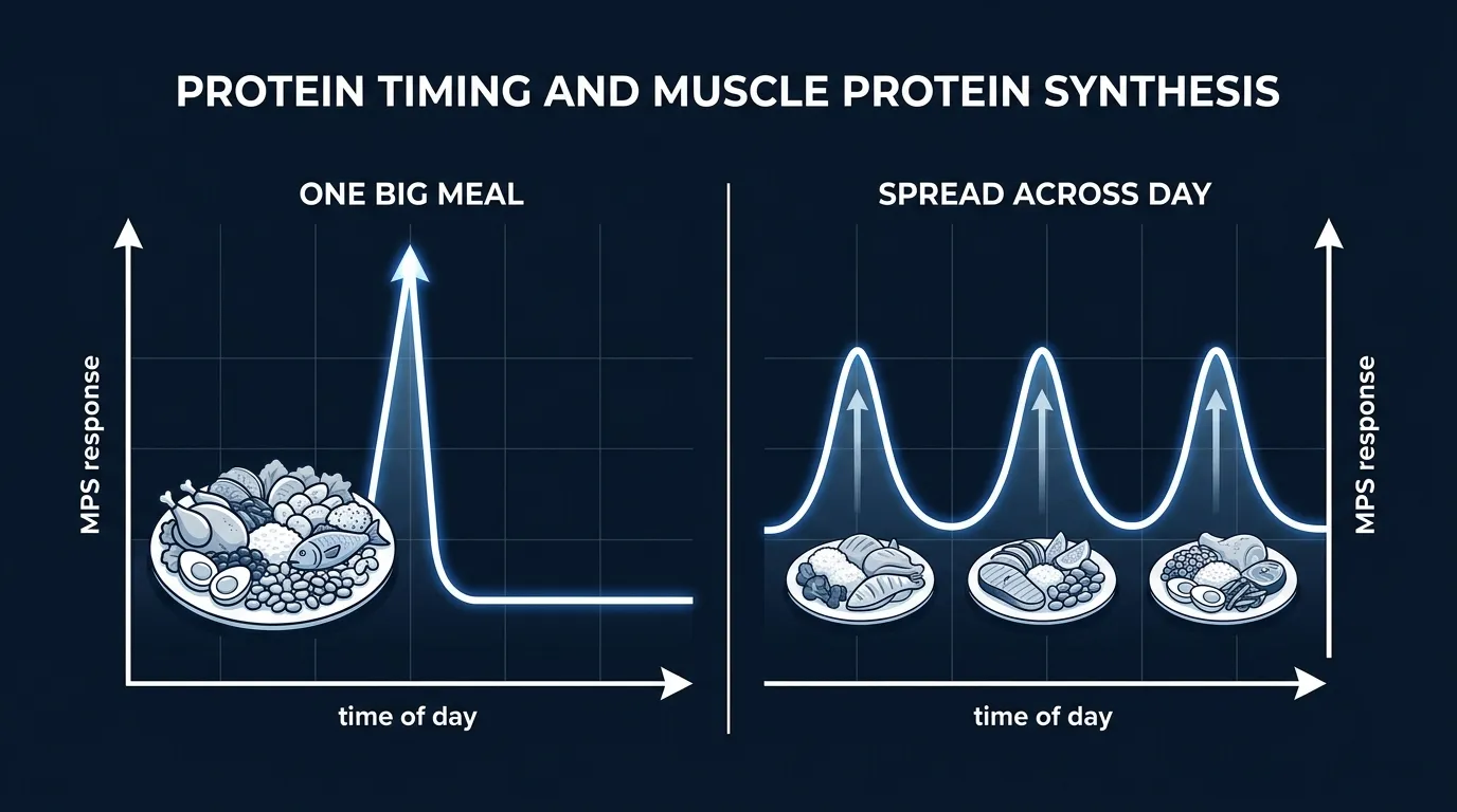 Editorial illustration comparing one large protein meal to four spaced-out protein meals, showing more total muscle protein synthesis spikes when protein is spread across the day