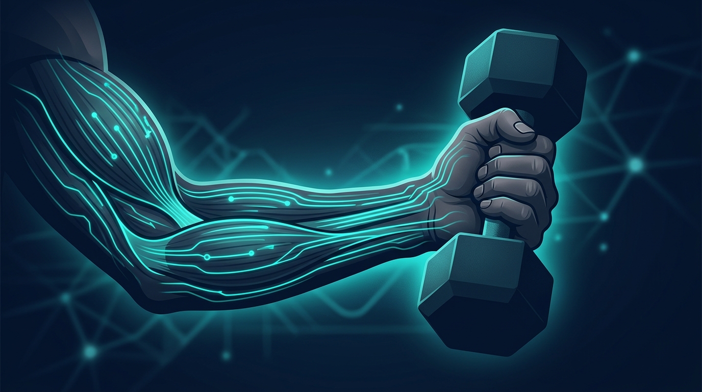 Close-up of a forearm gripping a dumbbell with glowing signal lines running along the muscle, illustrating the mechanical-loading signal that preserves muscle