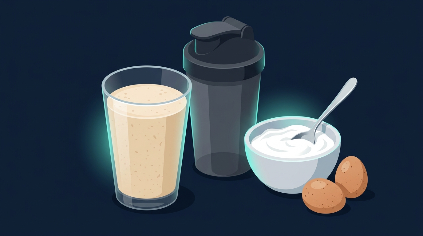 Protein-dense options including a protein shake, a shaker bottle, a bowl of Greek yogurt, and eggs on a dark surface