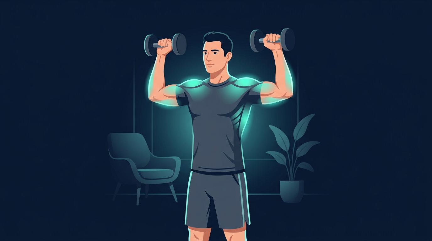 Adult performing a standing dumbbell overhead press at home with glowing highlights on the shoulder and arm muscles being preserved on Ozempic