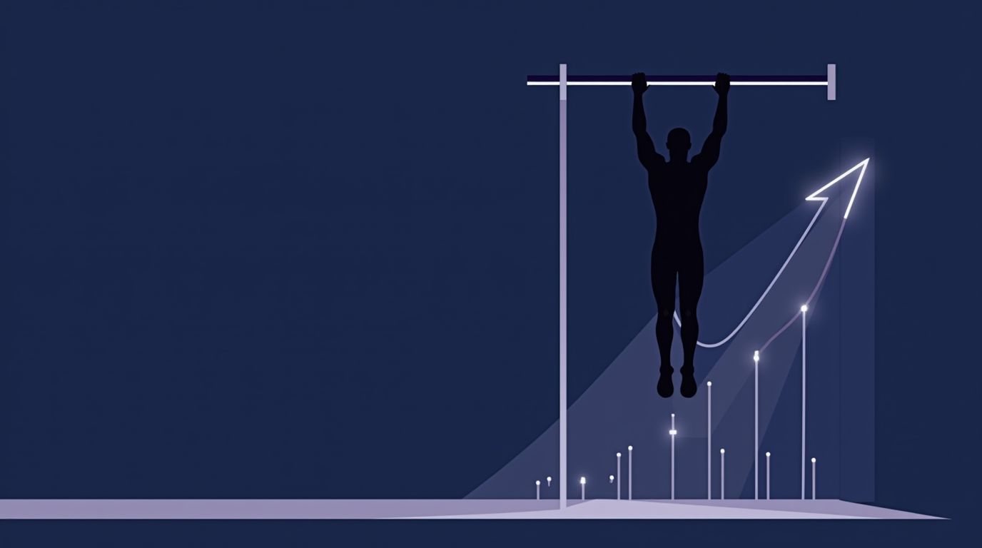 Dead hang exercise with rising evidence curve symbolizing exercises ranked by longevity research