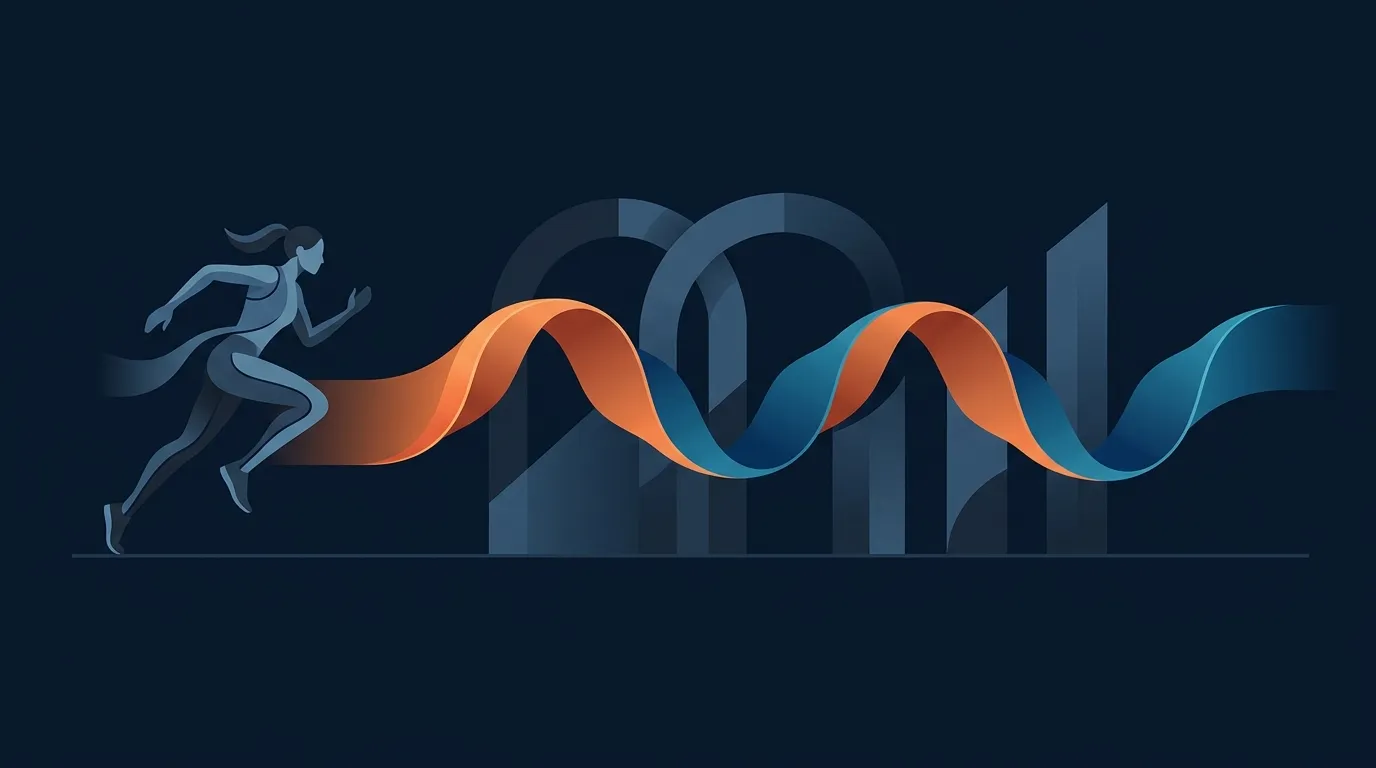 Editorial illustration of a runner mid-stride alongside an abstract timeline showing alternating run and walk intervals as a wave pattern, suggesting controlled rest and pace recovery built into the run