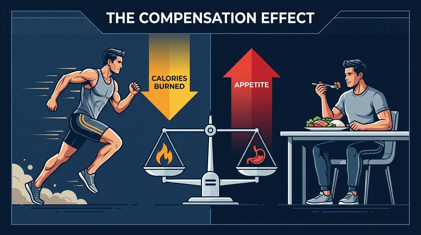 Illustration of a person eating after a run with a small chart showing how appetite increases offset calorie burn from exercise