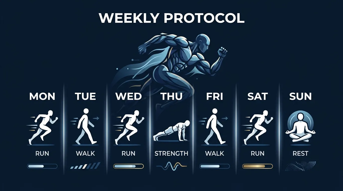 Illustrated weekly schedule showing three to four running days walking days and two strength sessions on a dark navy background