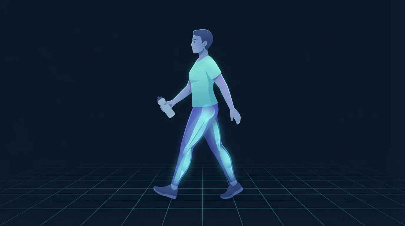Adult walking at an easy relaxed pace in workout clothes carrying a water bottle, with the calves, hamstrings and hips glowing softly