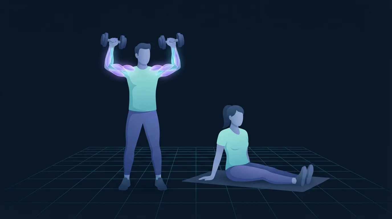 Two adults training side by side, one pressing dumbbells overhead with the shoulders and triceps glowing while the other rests seated on a mat with the legs unlit