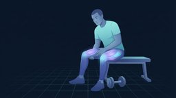 Adult sitting on the edge of a workout bench with both hands resting on a sore thigh and a dumbbell on the floor, deciding whether to train