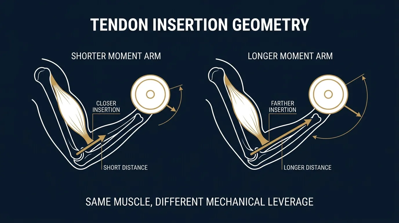 Side by side diagram illustration of two arms with identical biceps muscles but different tendon insertion points showing the longer moment arm gives a measurable mechanical leverage advantage when lifting the same load