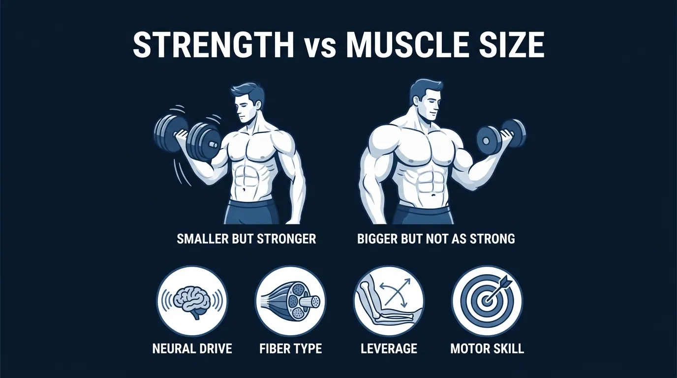 Conceptual illustration showing two athletic figures of different muscle sizes with the smaller figure lifting more weight to convey that strength and muscle size correlate but loosely with hidden factors like neural drive fiber type and leverage
