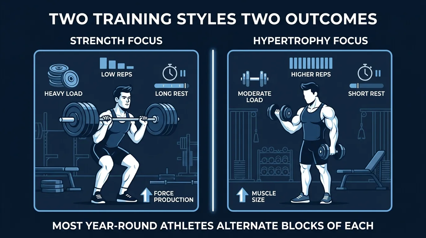Concept illustration comparing two training style outcomes with a strength-focused profile showing heavier loads and lower reps producing high force per unit muscle versus a hypertrophy-focused profile showing moderate loads with higher volume producing more visible muscle mass