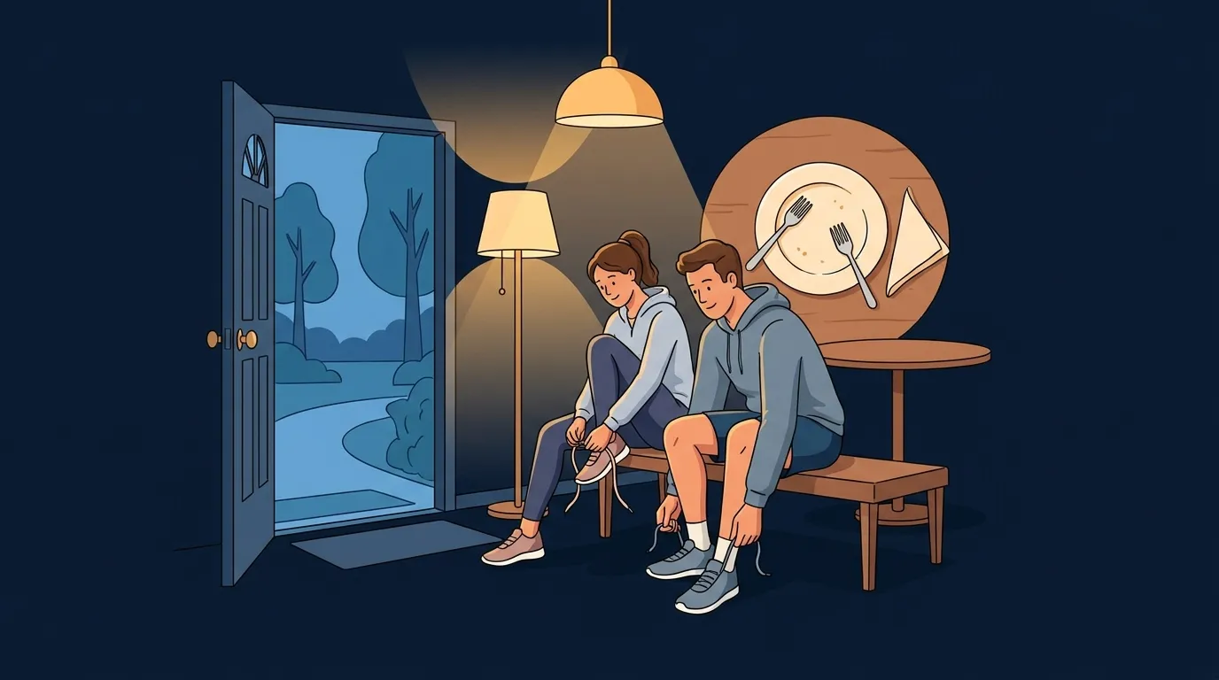 Editorial illustration showing a calm couple lacing up walking shoes by the front door right after dinner, with a simple visual cue tying the post-meal walk to the empty plate