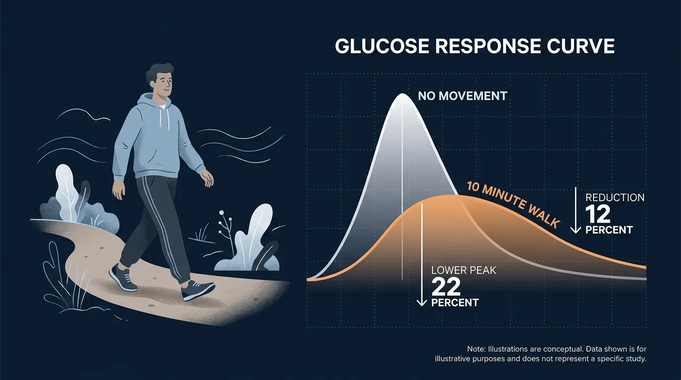 Editorial illustration showing a person walking calmly outside while a glucose curve flattens beside them, contrasting a sharp post-meal blood sugar spike with a smaller, smoother rise after a 10-minute walk