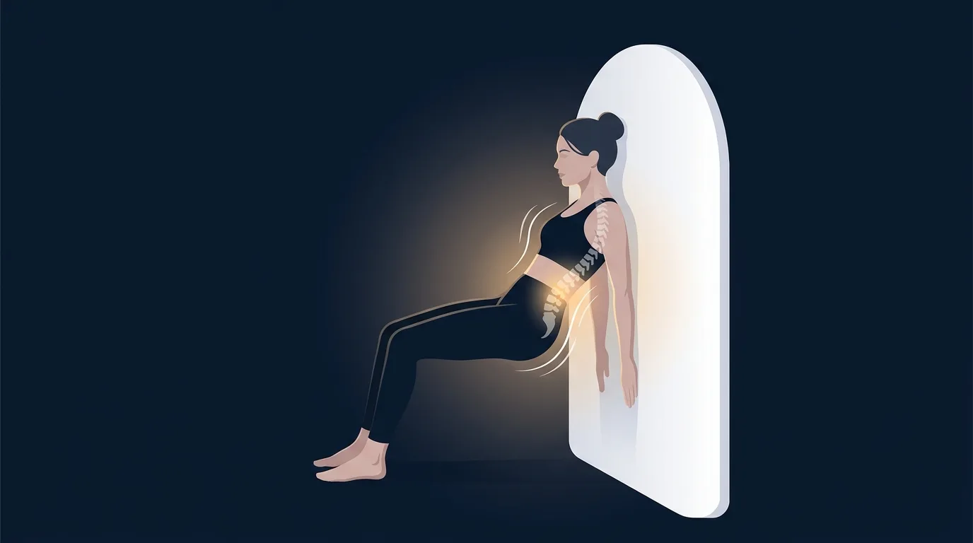 Editorial illustration showing the proprioceptive feedback loop between a person's spine and a wall during a Pilates roll-down, with subtle highlight lines on the lumbar spine and pelvis