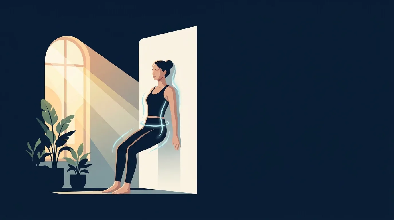 Editorial illustration of a woman performing wall Pilates with her back pressed against a wall in a sunlit living room, showing pelvic neutral alignment and engaged core