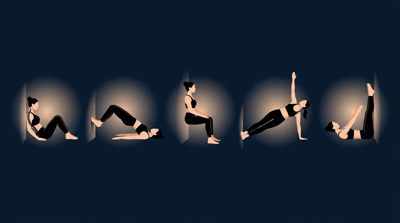 Editorial illustration of a simple weekly wall Pilates routine with calendar markers showing three sessions, alongside icons of a roll-down, bridge, wall sit, side plank, and Pilates hundred