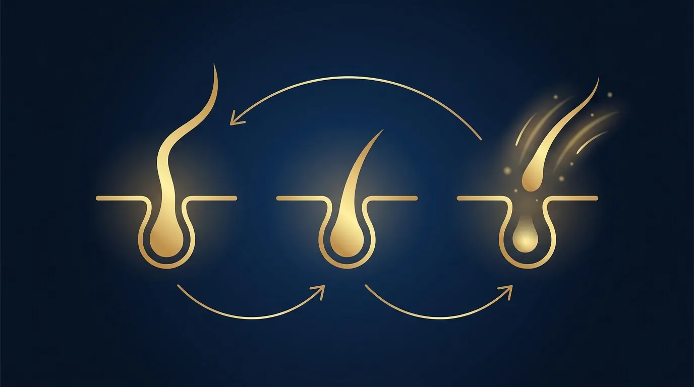 Editorial illustration of the hair growth cycle showing the growth phase, resting phase, and shedding phase that explains telogen effluvium after rapid weight loss