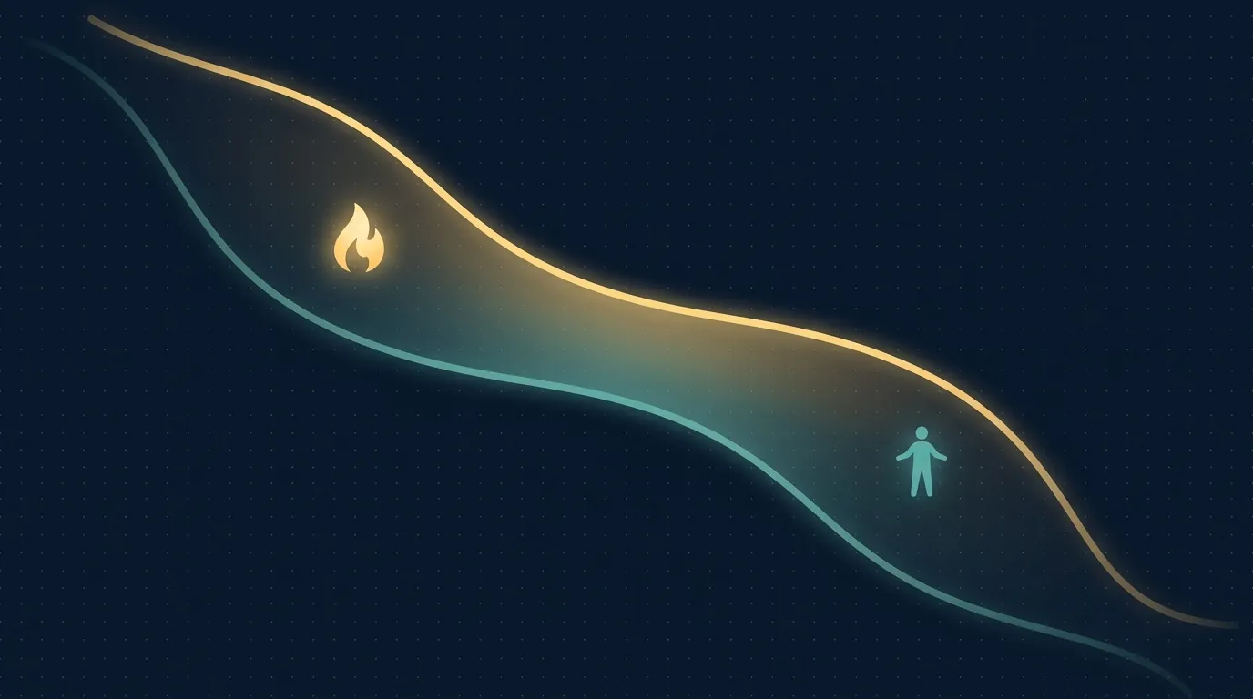 Editorial illustration showing the gap between predicted and actual energy expenditure during sustained weight loss, illustrating metabolic adaptation