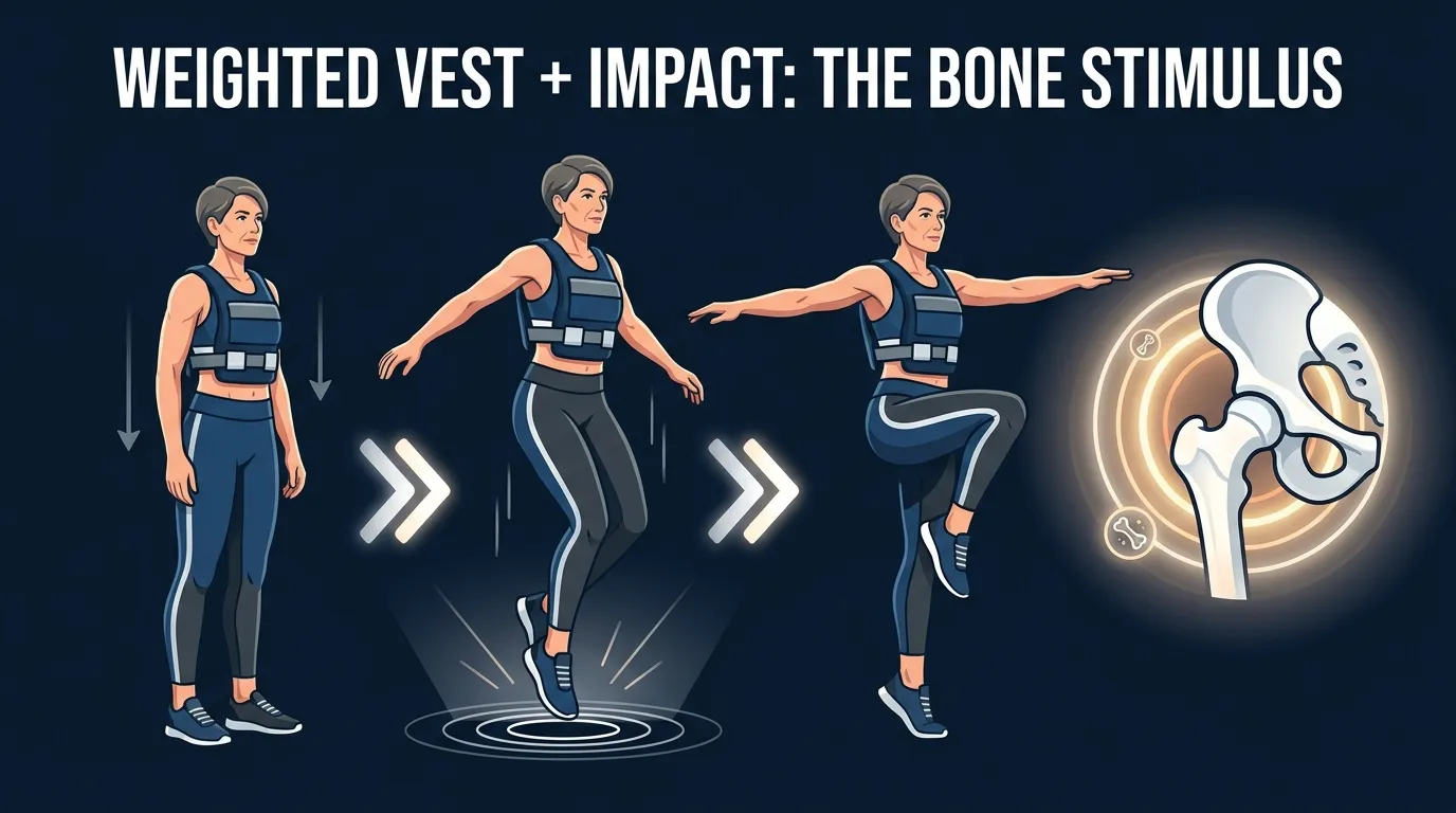 Editorial illustration of the Snow et al. weighted vest plus jumping protocol showing structured impact training over 5 years in postmenopausal women