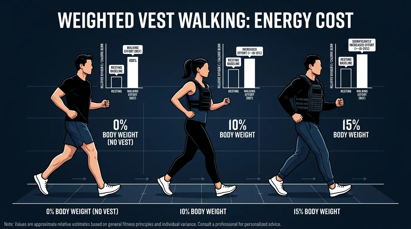 Editorial illustration showing the metabolic effect of walking with a weighted vest at increasing percentages of body weight