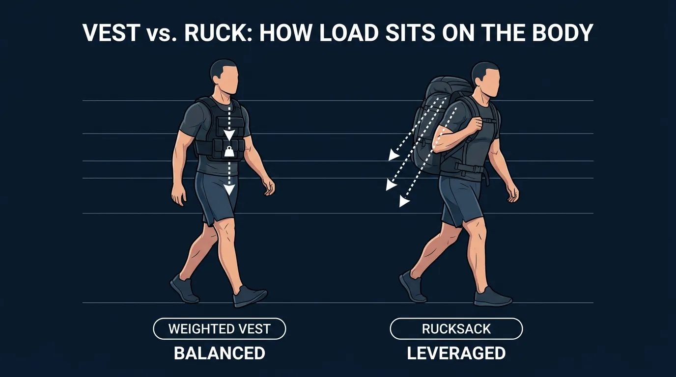 Editorial illustration comparing a weighted vest distributing load evenly across the torso versus a rucksack concentrating load on the upper back