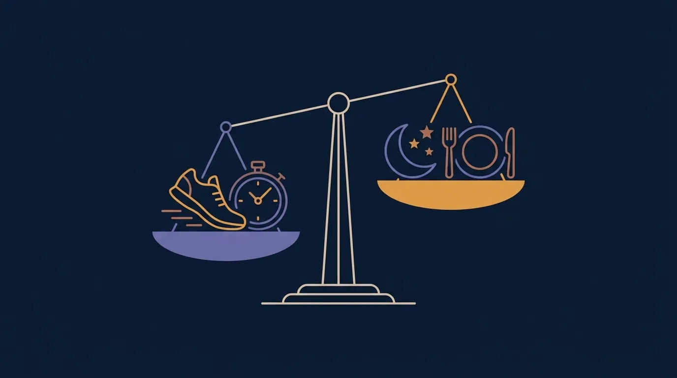 Conceptual balance scale illustration weighing training load on one side against sleep, nutrition, and recovery on the other