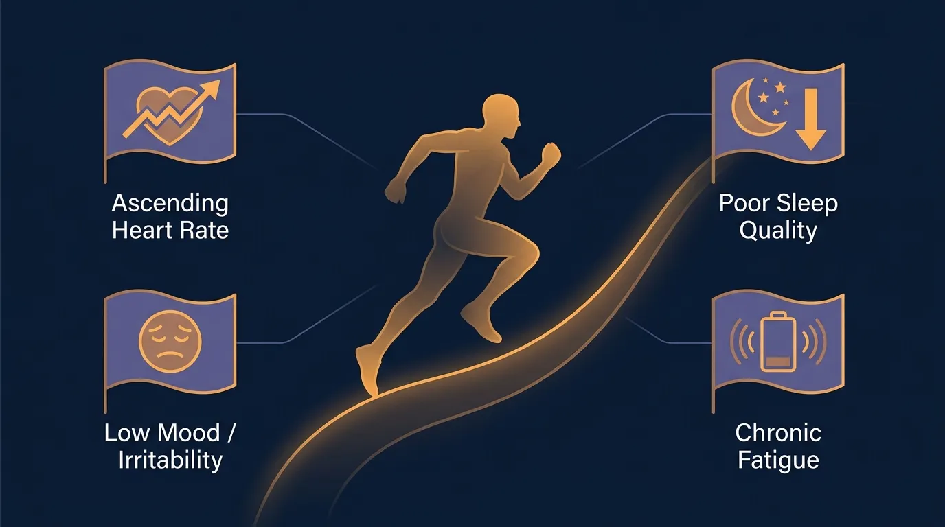 Conceptual illustration of a runner on a rising road with warning-flag icons like fatigue, sleep decline, and rising heart rate