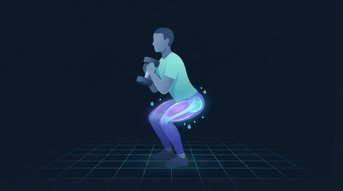 Illustration of a person mid-squat holding a dumbbell with the quadriceps and glutes glowing and water droplets suspended around the working muscles, showing water stored alongside muscle glycogen