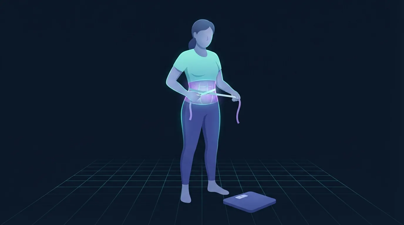 Illustration of a person measuring their waist with a tape measure while the core glows and an unlit bathroom scale lies on the floor beside them, showing waist circumference as a better progress measure than body weight