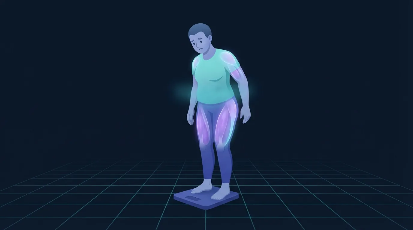 Illustration of an adult standing on a bathroom scale looking down with a puzzled expression while the thighs, glutes and shoulders glow, showing recently trained muscle holding extra glycogen and water