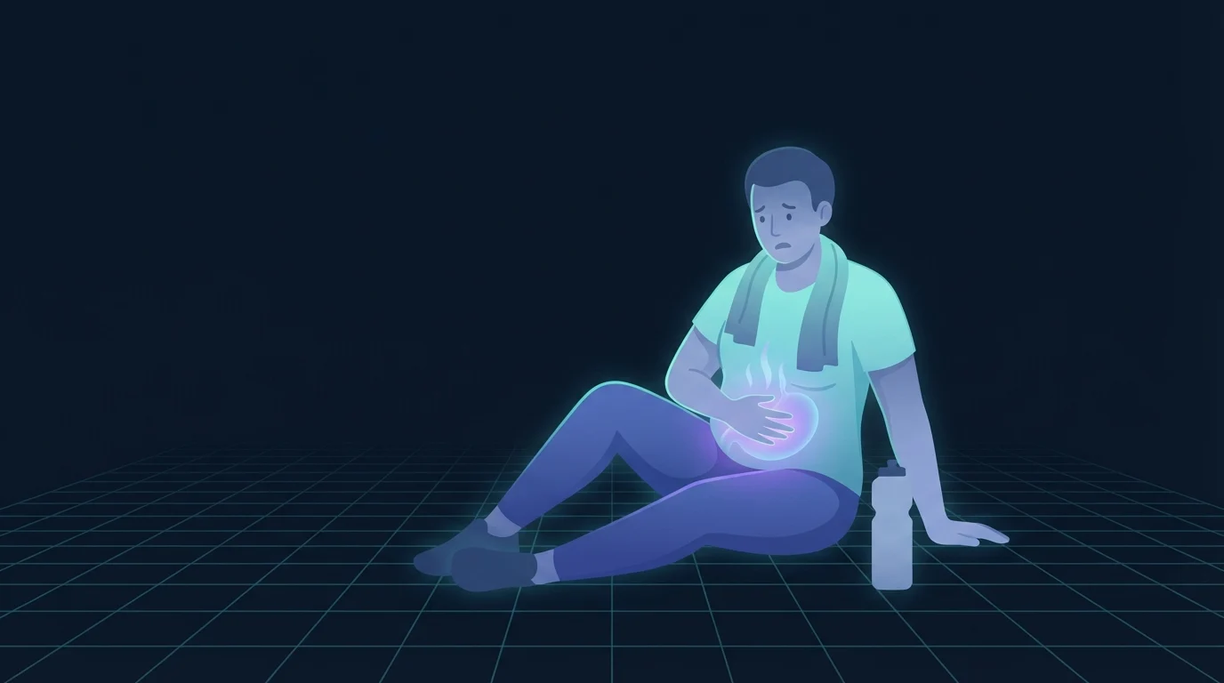 Illustration of an adult sitting on the floor after a workout with a towel around the neck and one hand on the stomach, the gut area glowing to show appetite signals returning