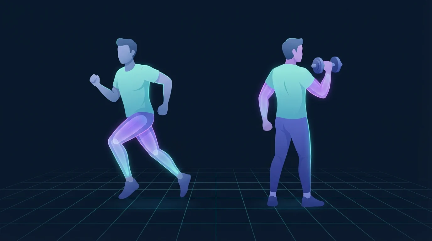 Illustration of two adults side by side, one running with the quadriceps and calves glowing and one pressing a dumbbell overhead with the back and arms glowing, comparing how cardio and lifting affect appetite