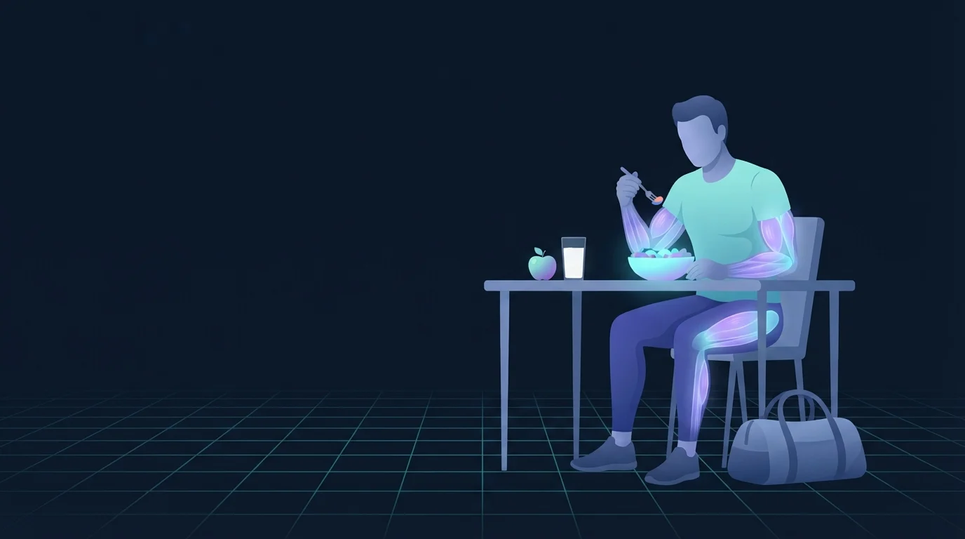 Illustration of an adult eating a bowl of food at a table with a glass of milk and an apple beside it and a gym bag on the floor, showing a planned post-workout meal