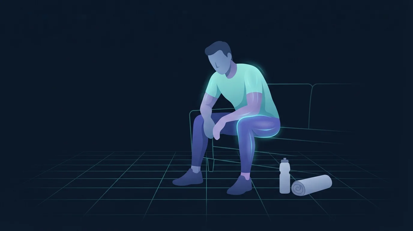 An adult in workout clothes sitting slumped on the edge of a sofa after training, water bottle and towel on the floor, with only a faint glow at the shoulders and thighs