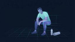 An adult in workout clothes sitting slumped on the edge of a sofa after training, water bottle and towel on the floor, with only a faint glow at the shoulders and thighs