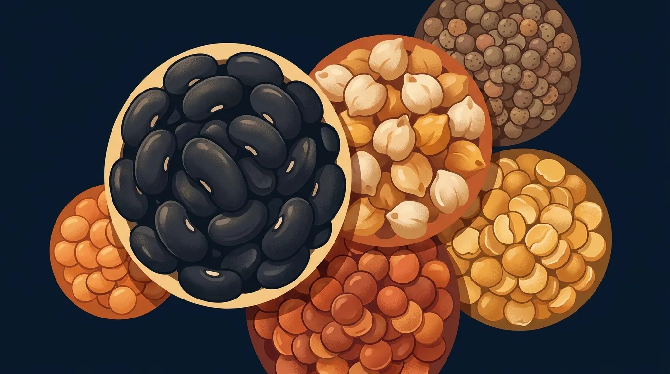 Editorial illustration of an assortment of legumes including black beans, chickpeas, red lentils, and split peas arranged on a dark background, highlighting their nutrient density